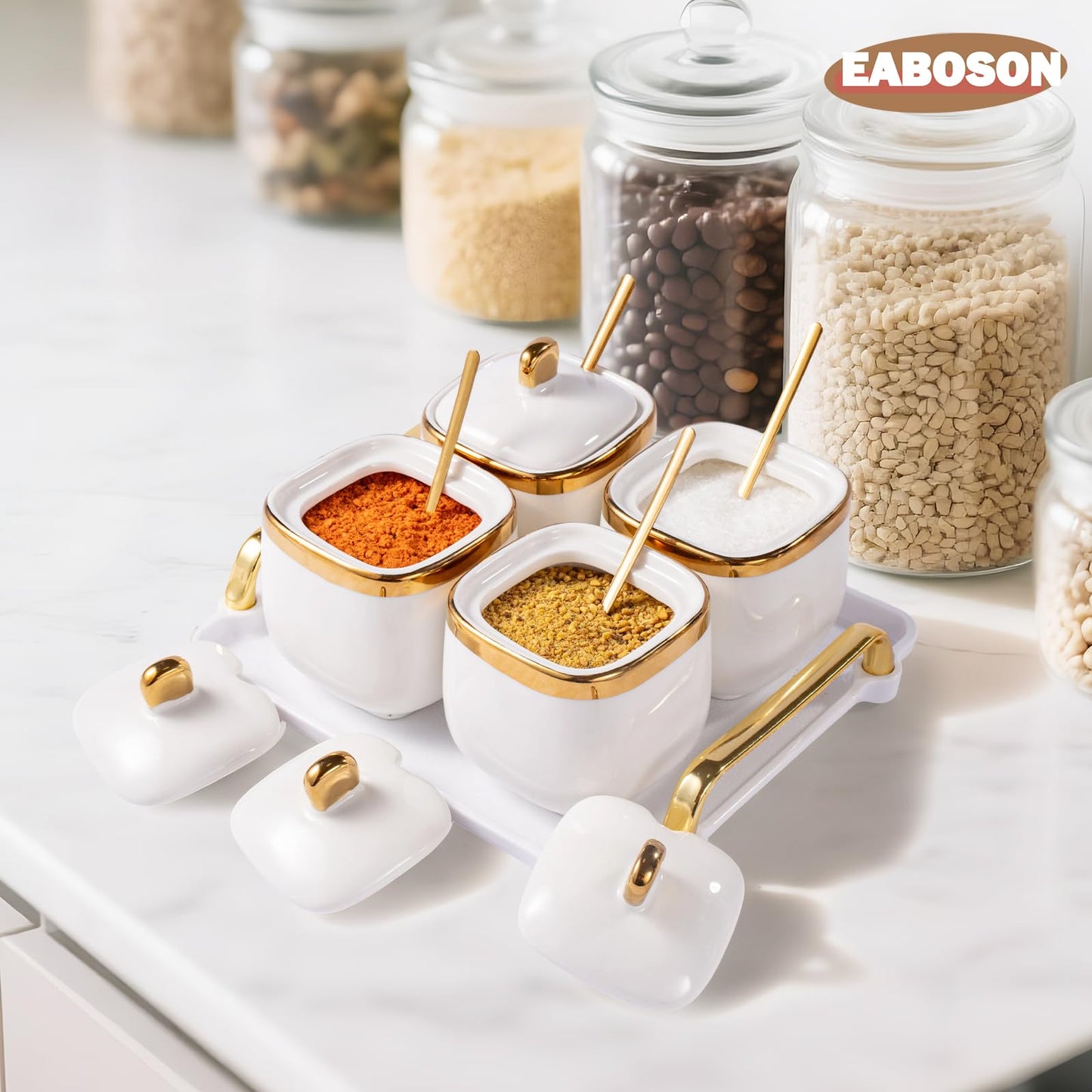 EABOSON 4 Pack Gold Condiment Spice Jars with Lids, Spoons, Tray - Ceramic Seasoning Box Set for Salt, Pepper, Sugar - Kitchen Storage