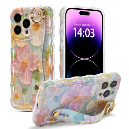EYZUTAK Case with Hand Strap for iPhone 15 Pro, Colorful Oil Painting Flower Case with Wristband Kickstand Laser Curly Wave Edge Stylish Durable TPU Protective Cover for Women - Green