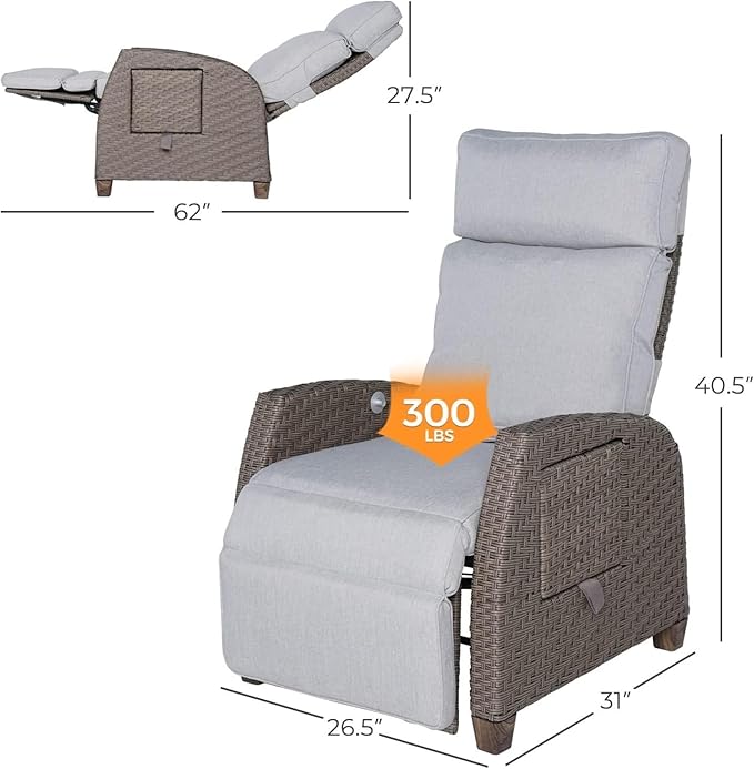 Grand patio Outdoor Reclining Chairs with Extended Footrest 2-Piece Adjustable Patio Wicker,Lounge Recliner up to 150° with Flip Side Table, Mist Grey