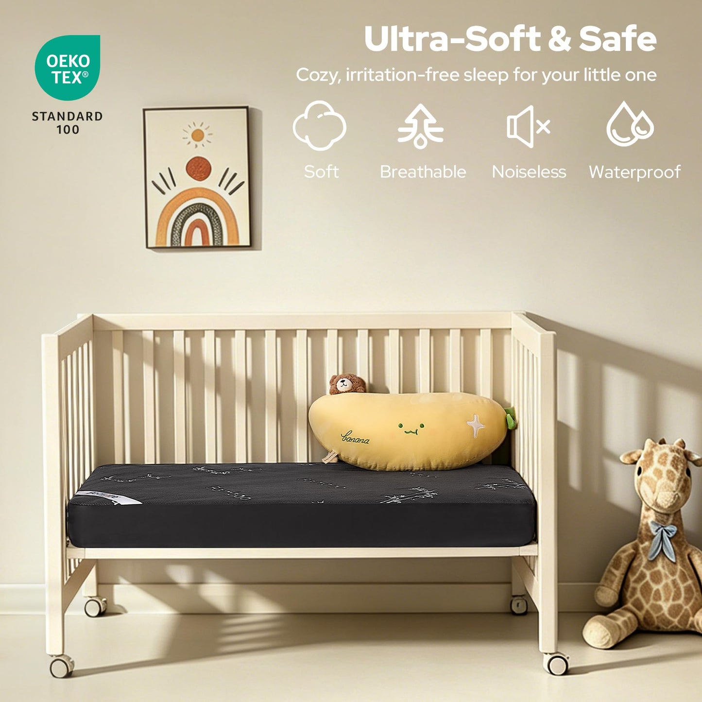 BEDLORE Waterproof Crib Mattress Protector 2 Pack, Ultra Soft Bamboo Viscose Crib Mattress Pad Cover, Noiseless Toddler Mattress Protector for Standard Baby Mattress Size 52''x28'', Dark Gray