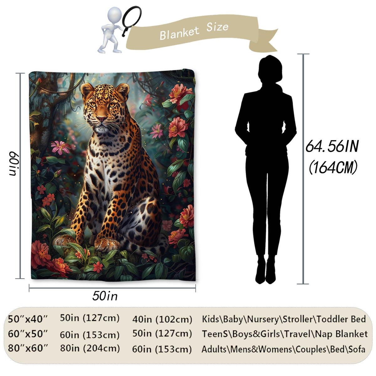 Ti Caldi Leopard in Jungle Blanket, Soft Flannel Tropical Foliage and Flowers Throw Blanket for Couch, Bed, Travel & Home Decor, Lightweight Cozy Warm Fuzzy Blankets for Adults Women Kids 60×50 in