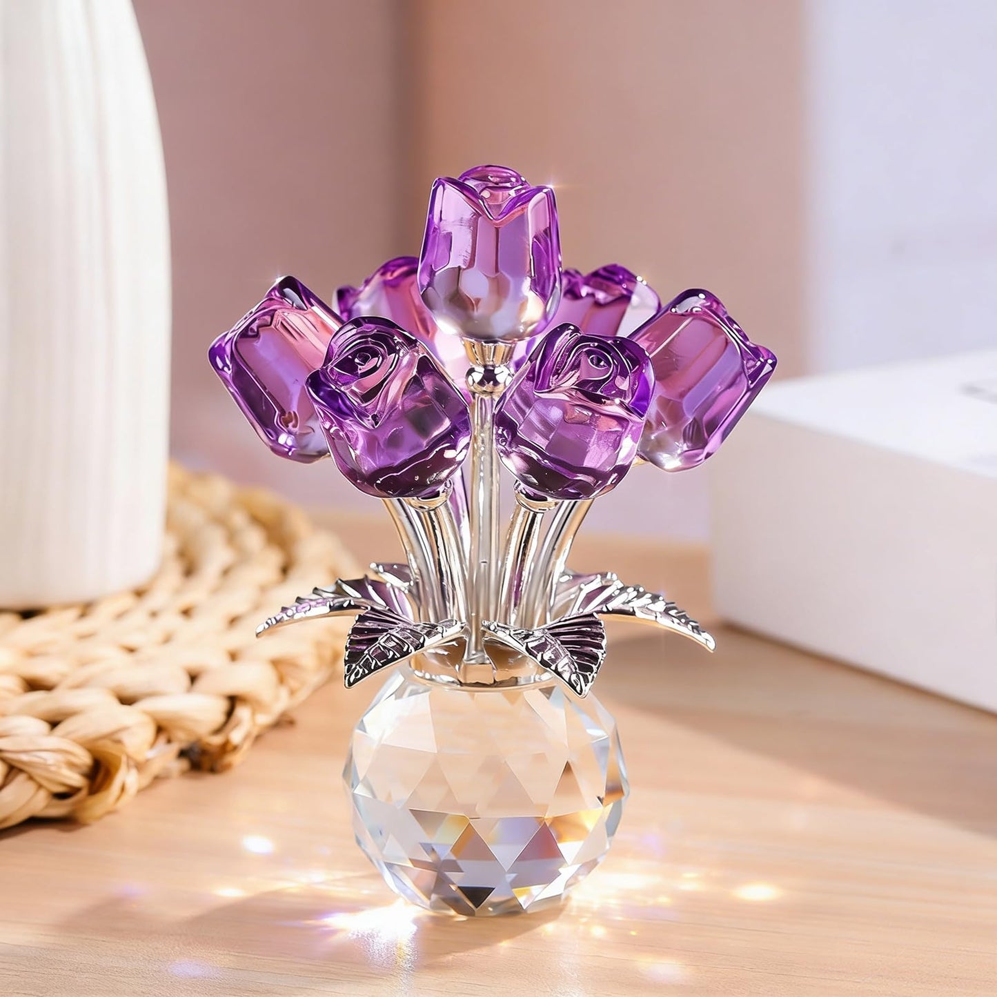 FINGHU Figurine Crystal Purple Rose Flower Collectible Figurine, Rose Gift for Women Glass Flower Statues Decor Valentine's Day Mother's Day Thanksgiving Anniversary and Birthday Gifts