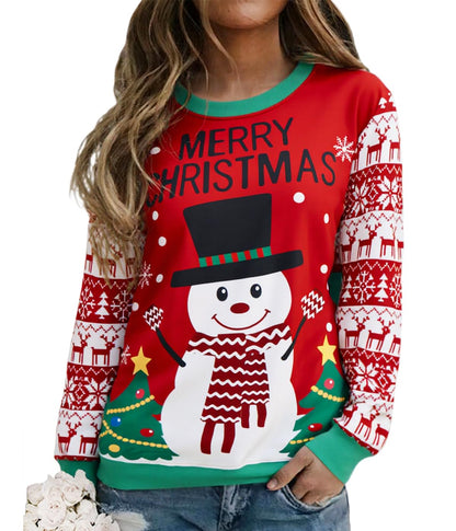 Barlver Womens Ugly Christmas Graphic Sweatshirt Funny Snowman Holiday Long Sleeve Christmas Pullover Tops S