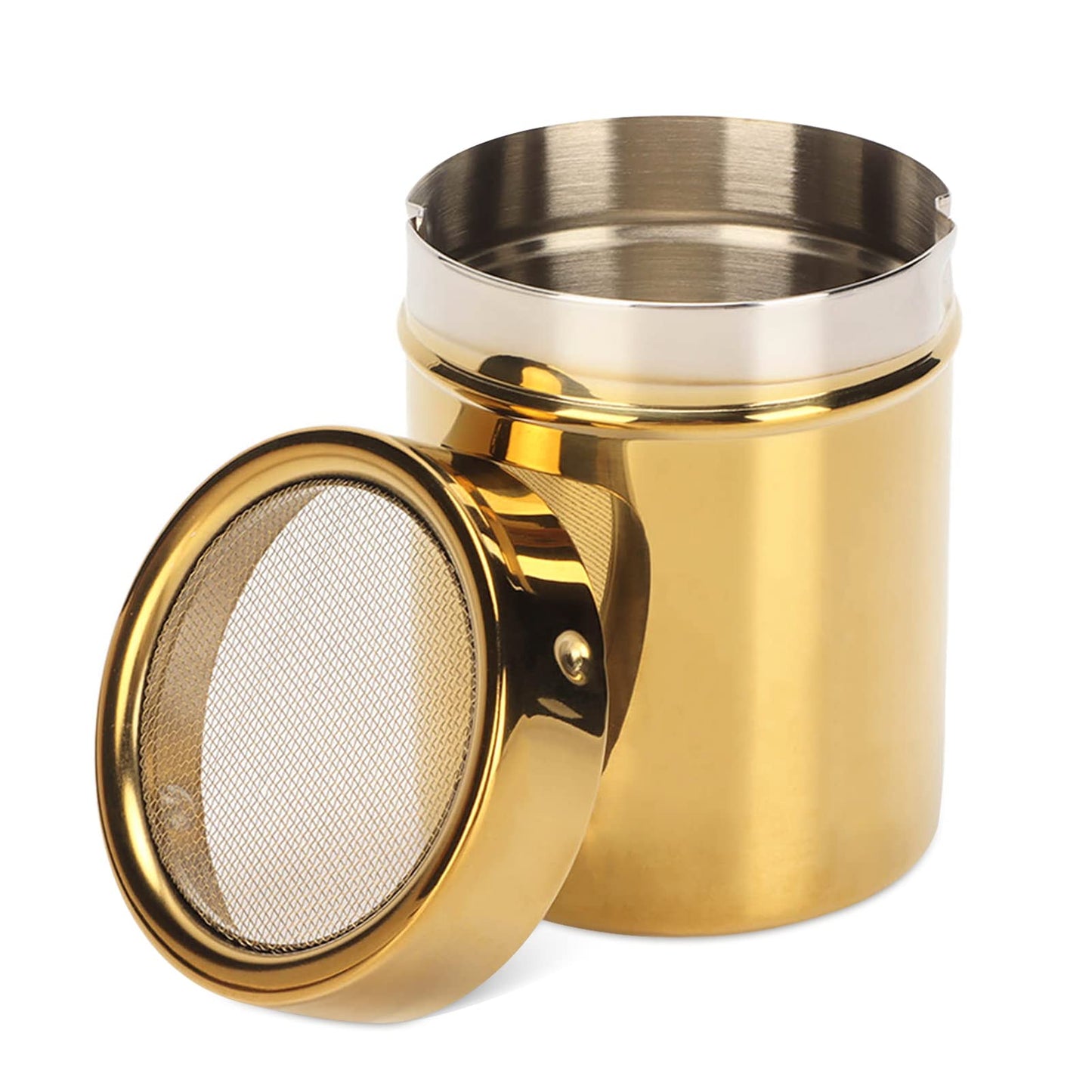 Stainless Steel Dredge Shaker, Powder Sugar Dispenser Fine Mesh Powder Sugar Shaker with Lid Gold Salt and Pepper Shakers for Kitchen Powdered Sugar Shaker