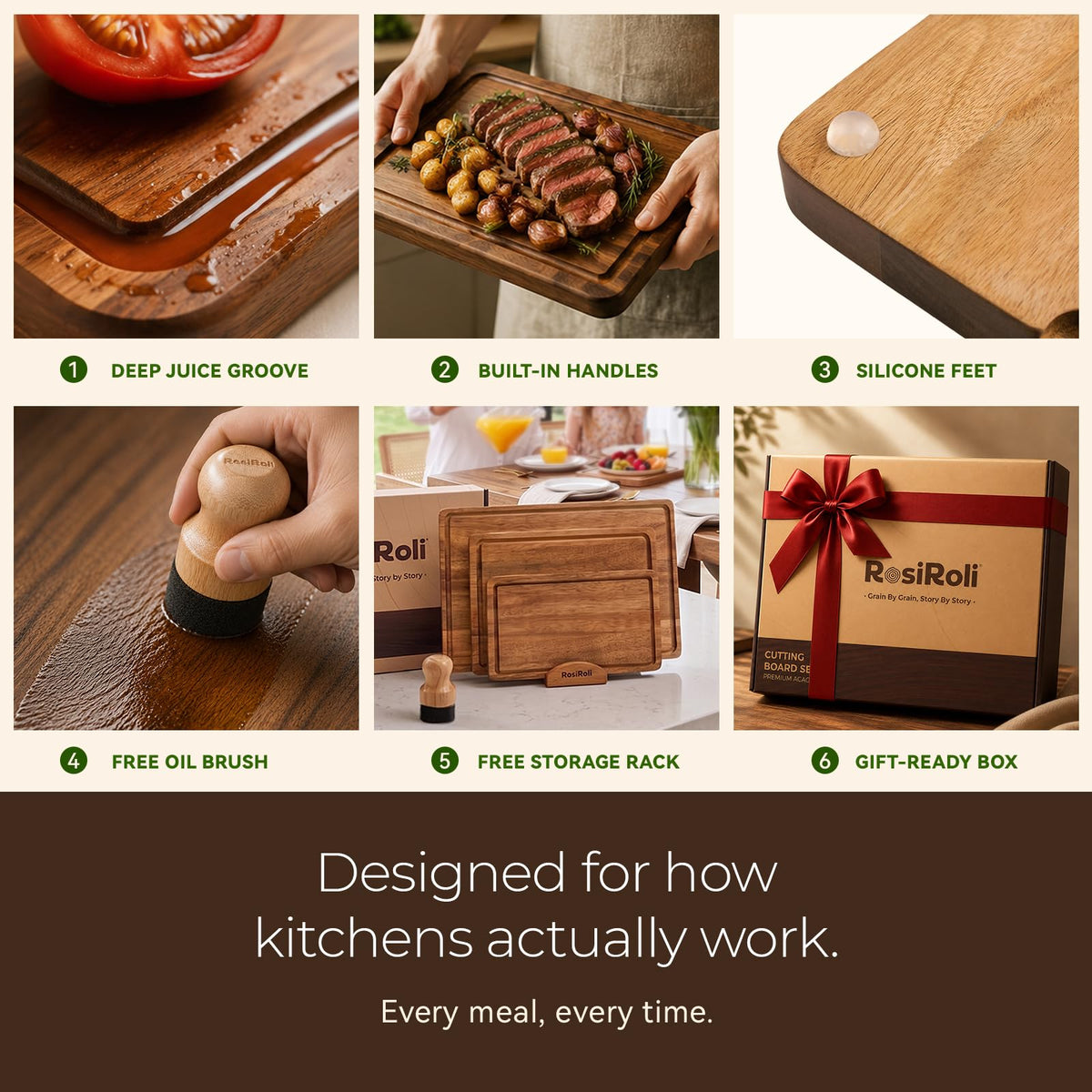 Acacia Wood Cutting Board Set of 3 for Kitchen — Non-Toxic, Kiln-Dried & Pre-Oiled 3x | Warp-Resistant Solid Acacia with Juice Groove, Handles & Anti-Slip Feets | Large Medium Small