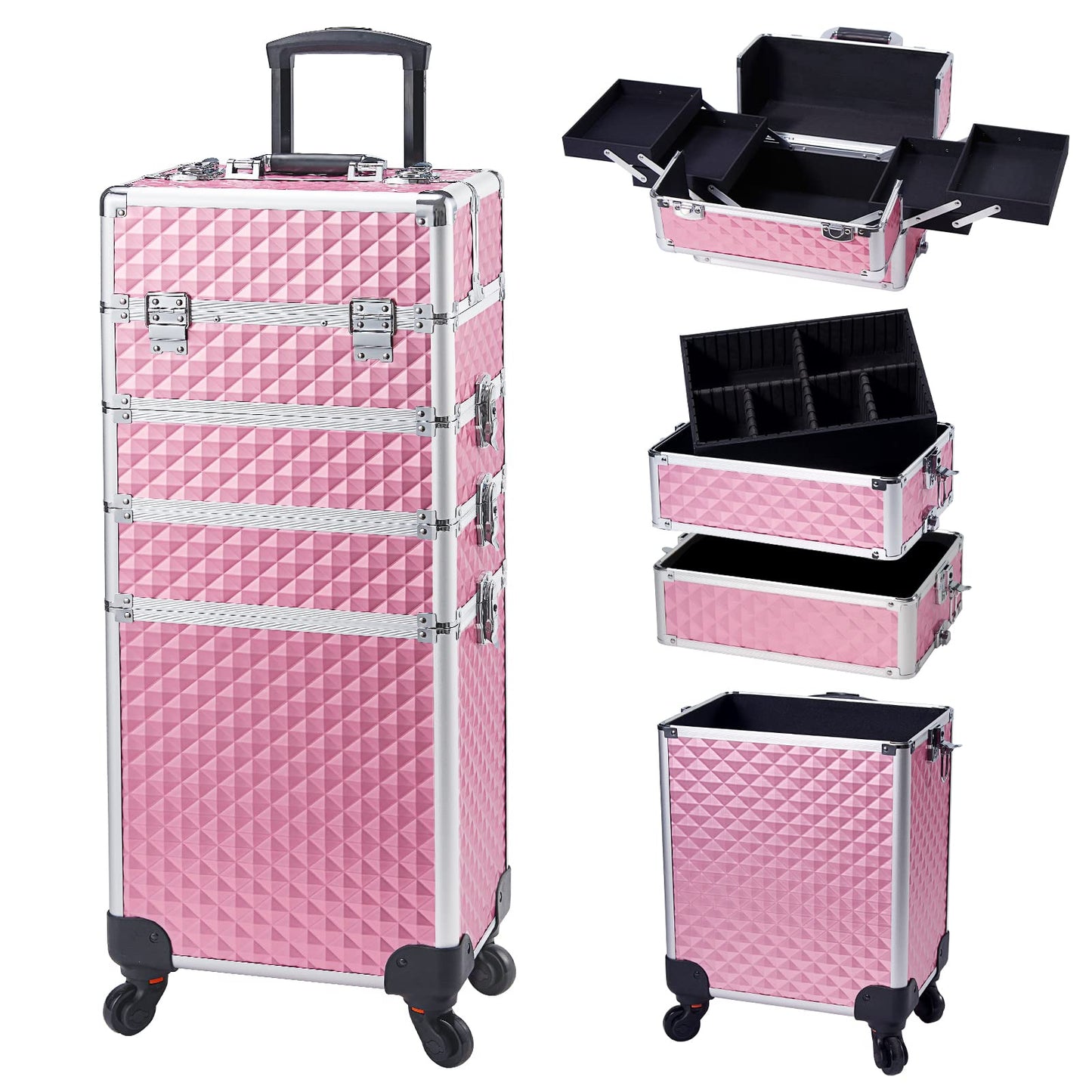Joligrace Makeup Organiser 4-in-1 Beauty Case on Wheels Vanity Case Pink Trolley Nail Polish Organiser