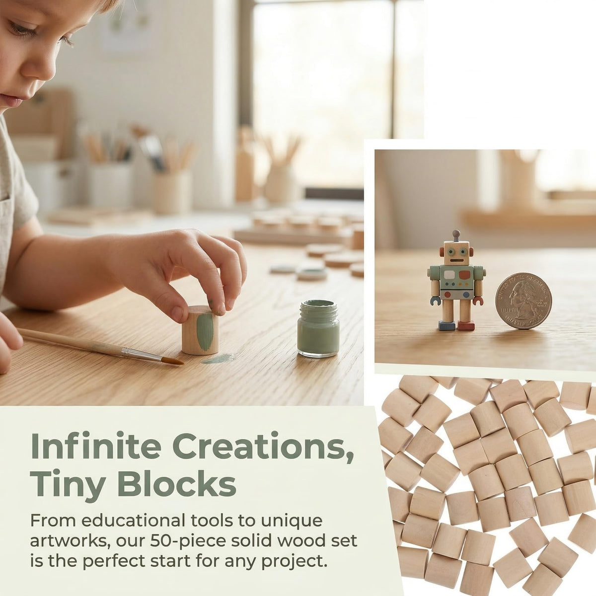 TOPPERFUN 50pcs Unfinished Wooden Blocks Solid Wood Crafting Cylinders for Projects Painting Educational Use and Model Making