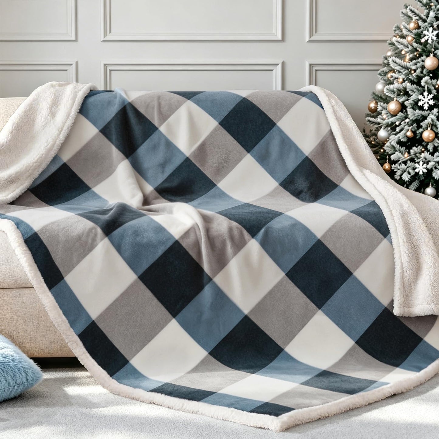 PU MEI Sherpa Fleece Throw Blanket 60" x 80" Reversible Plush Fluffy Large Big Blanket Lattice Flannel Blankets for Sofa Couch Bed (Grey-Soft Blue, 60"*80")