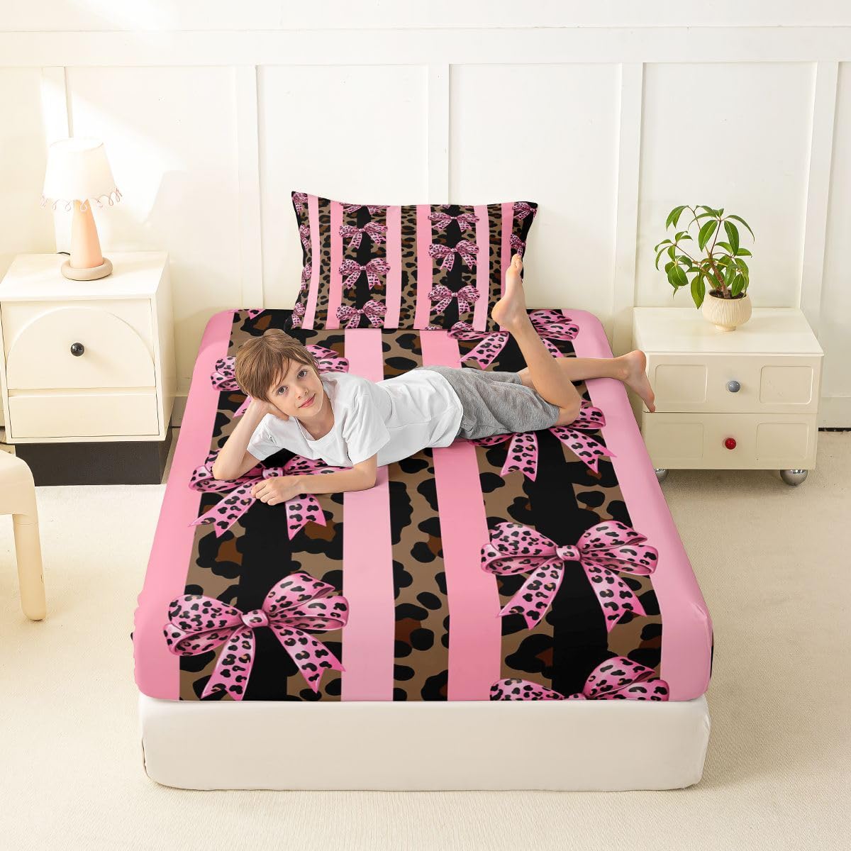 jejeloiu Brown Leopard Bow Fitted Sheet with 1 Pillowcase Twin Size Leopard Fur Print Bed Sheets Set 16" Deep Pocket Boys Girls Striped Coquette Bow Bedding Teens Bedroom Decor Breathable