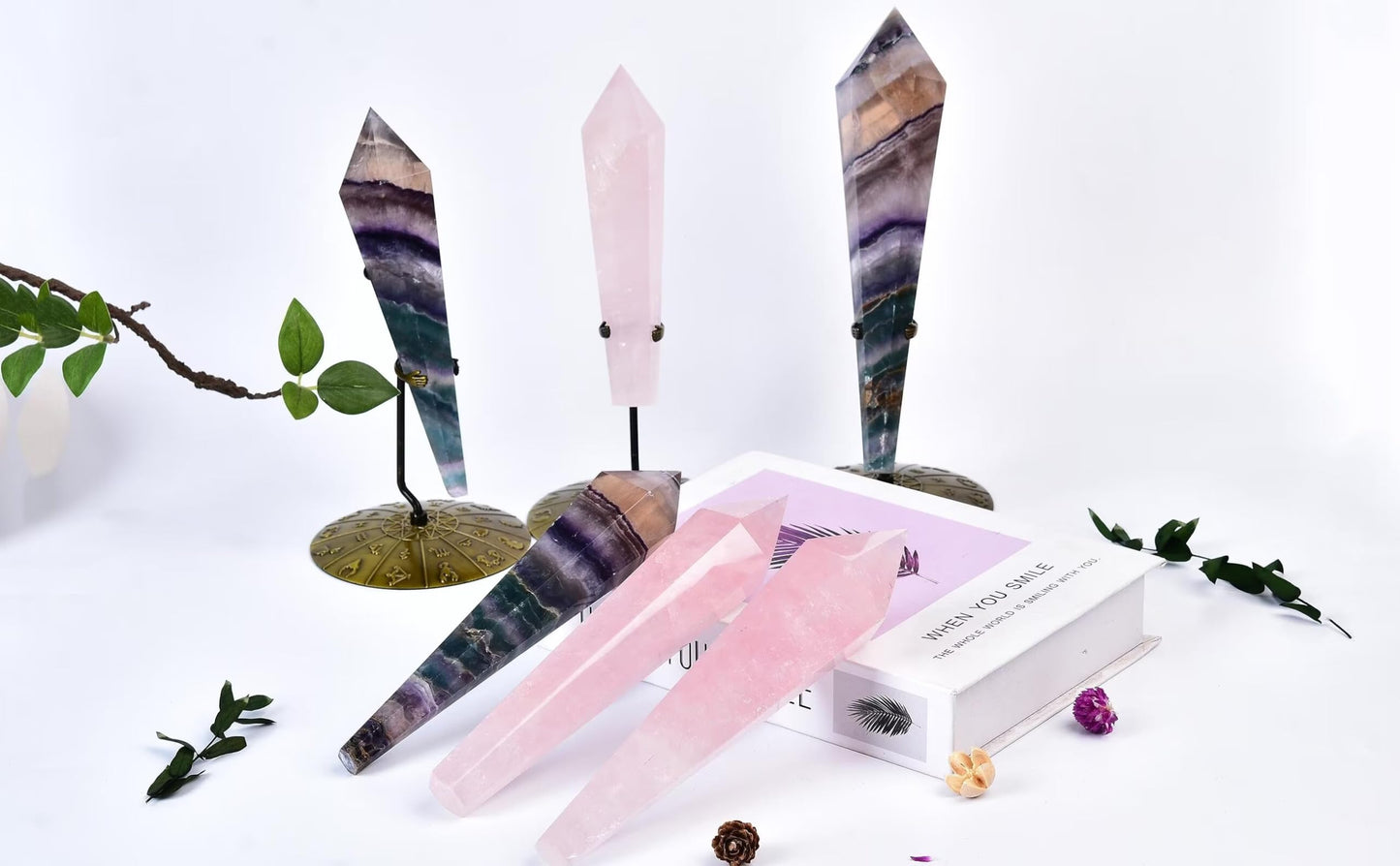 Rose Quartz Wand Point Long Healing Crystal Scepter Decorative Stone Reiki Meditation with Display Stand Home Office Decor 1.1-1.3LBS
