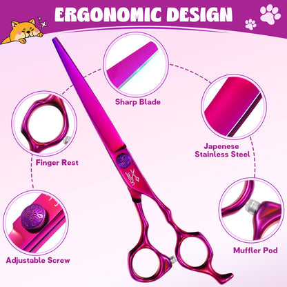 JASON Purple 6 in 1 Dog Grooming Scissors Set - Professional Thinner Set - 7" Thinning, Straight, Up-Curved, Down-Curved Scissors and Comb for Dog Cat Pet with Adjustable Screw