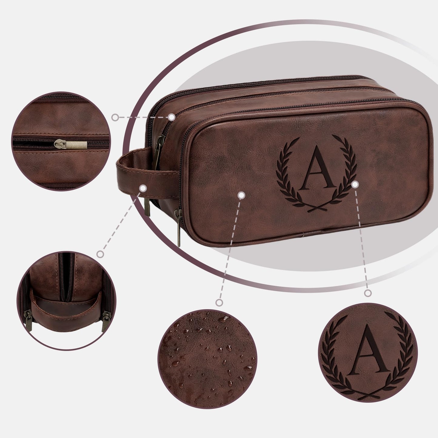 Janhavi Travel Essentials Toiletry Bag, Waterproof PU Leather Initials & Wheat, Groomsmen Gifts, Men's Accessories Organizer, Travel Bags for Men, Birthday Gift Box for Men (Medium, Dark Brown, O)