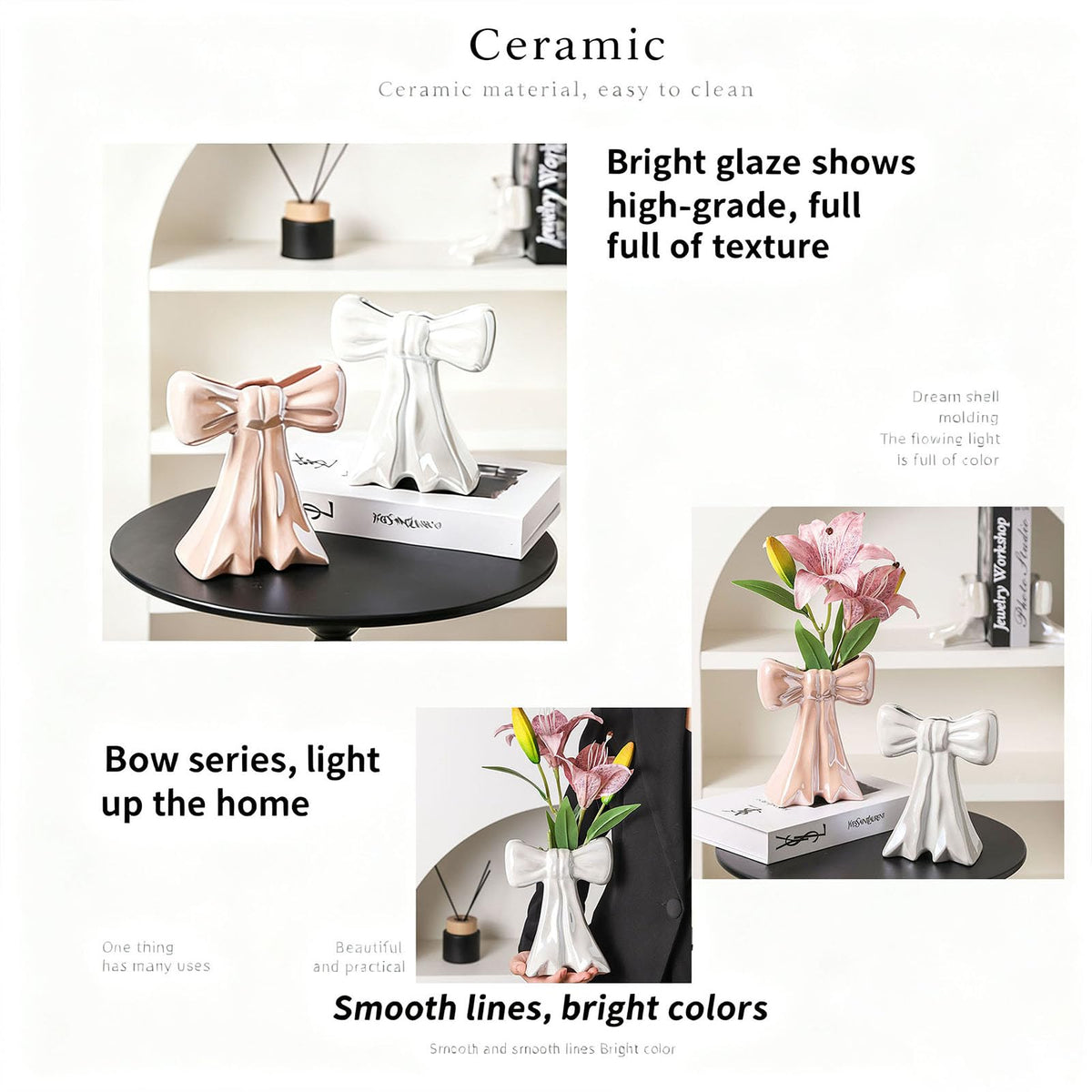Disoza Bow Vase Pink Vase Ceramic Cute Decorative Flower Tulip Farmhouse Dazzling Modern Home Decor Pampas Grass for Table Bathroom Shelf