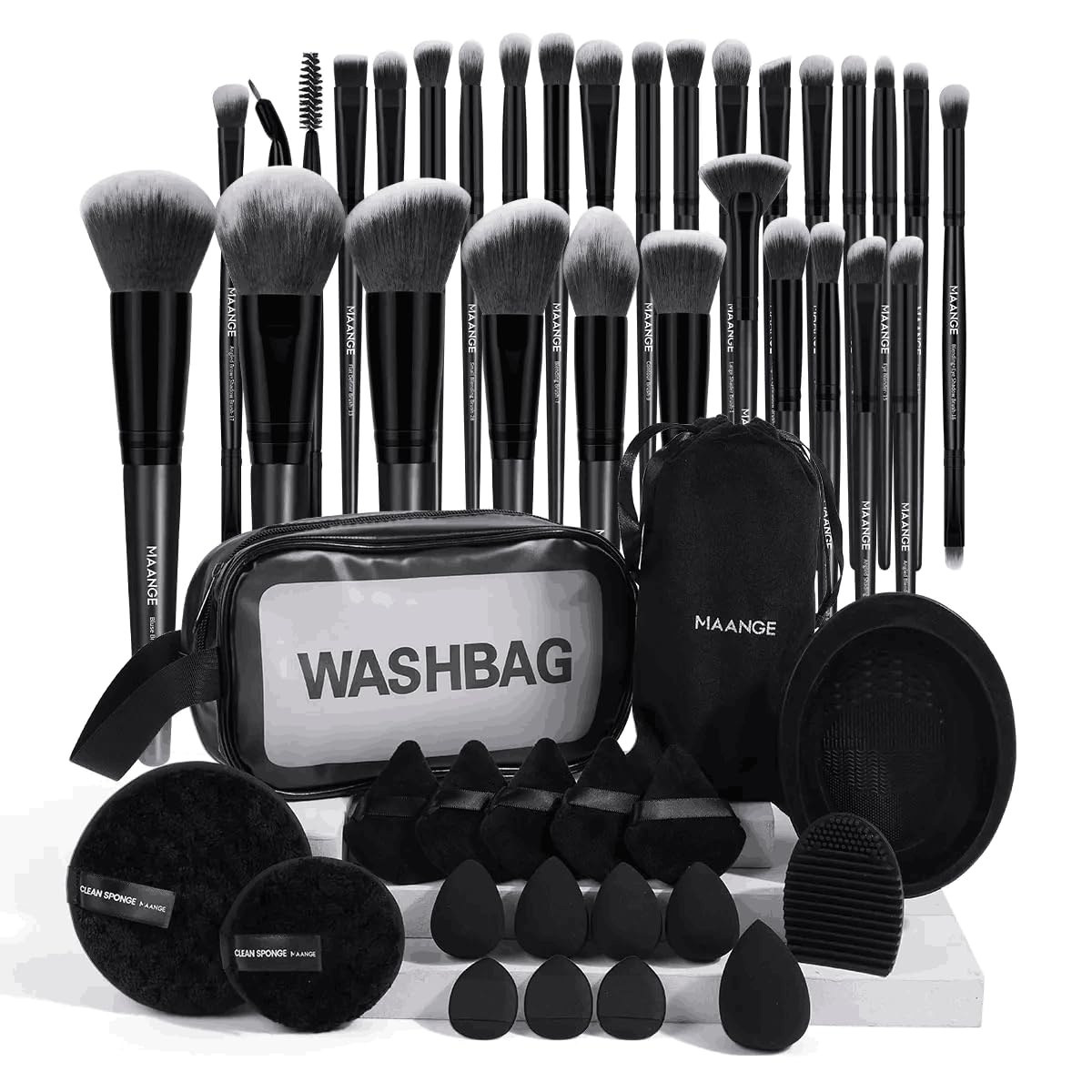 MAANGE 30pcs Professional Makeup Brush Set With Velvet Bag&5pcs Beauty Blender&2pcs Makeup Remover Puff&5pcs Triangle Powder Puff&3pcs Mini Thumb Puff&Toiletry Bag&2pcs Cleaning Mat (Blacksliver)