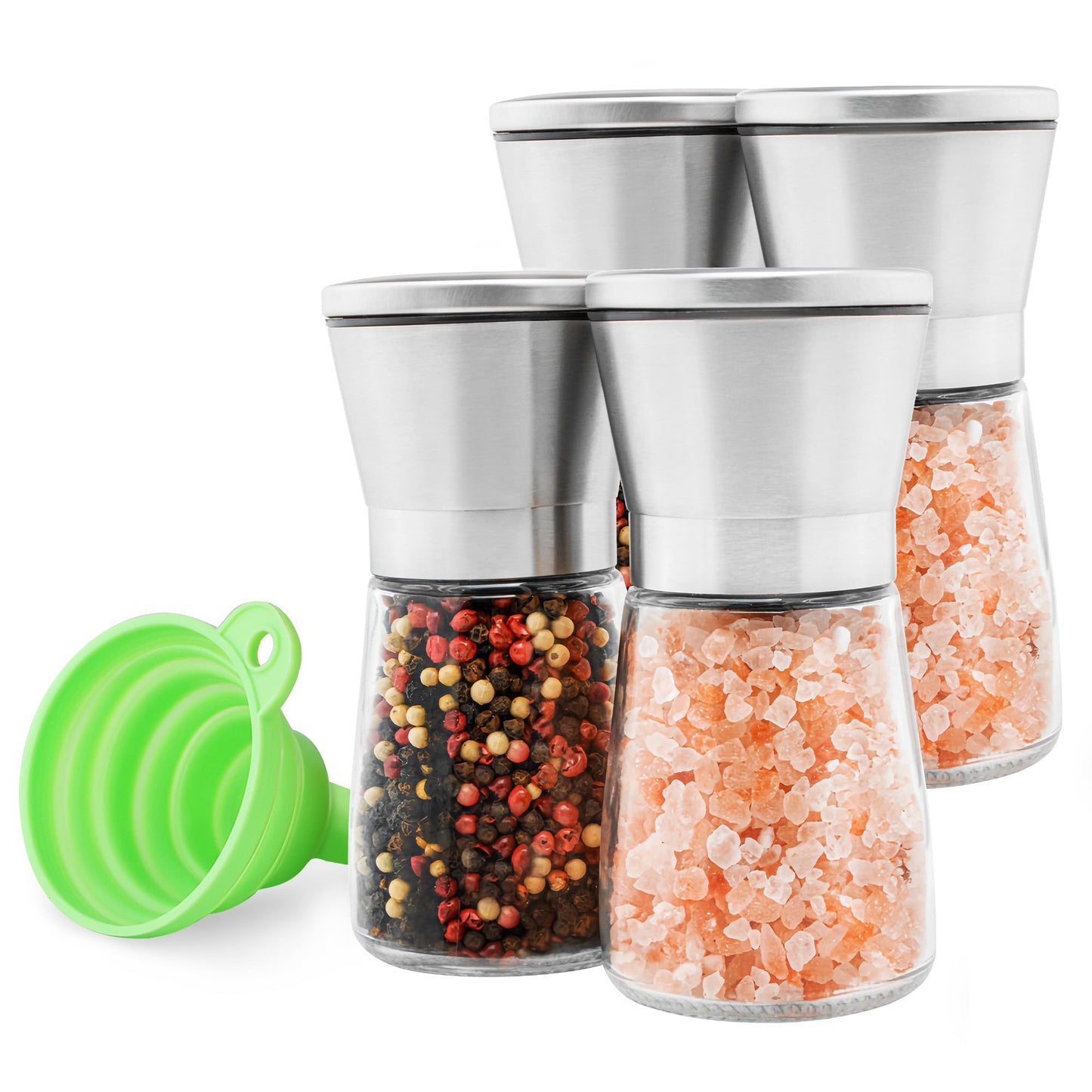 Premium Stainless Steel Salt and Pepper Grinder Set of 4 - Adjustable Ceramic Sea Salt Grinder & Pepper Grinder - Glass Salt and Pepper Shakers - Pepper Mill & Salt Mill W/Funnel