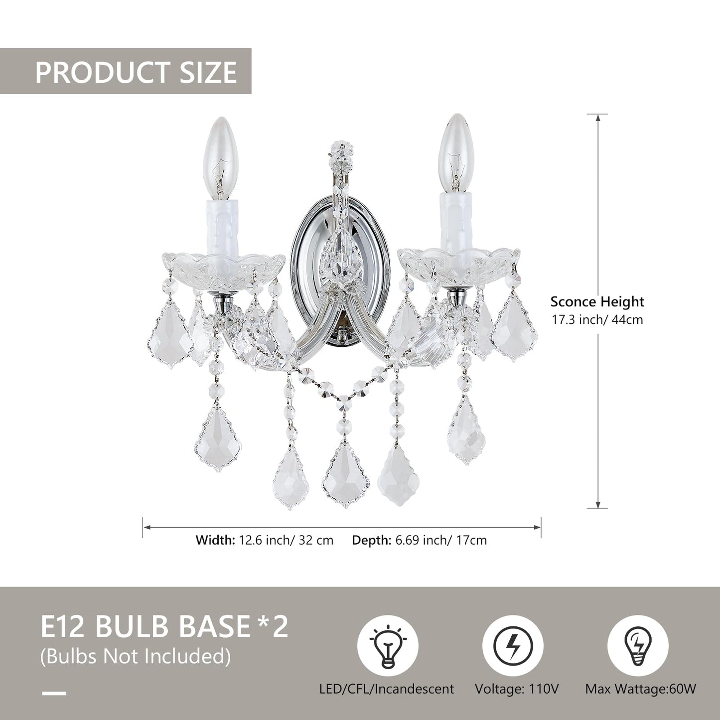 Crystal Wall Sconce Lighting, 2-Light Modern Crystal Wall Light Fixture Bathroom Maria Theresa Wall Lamp Light Fixtures Chrome Wall Sconce Light Wall Mounted Lamp for Living Room,Bedroom,Indoor