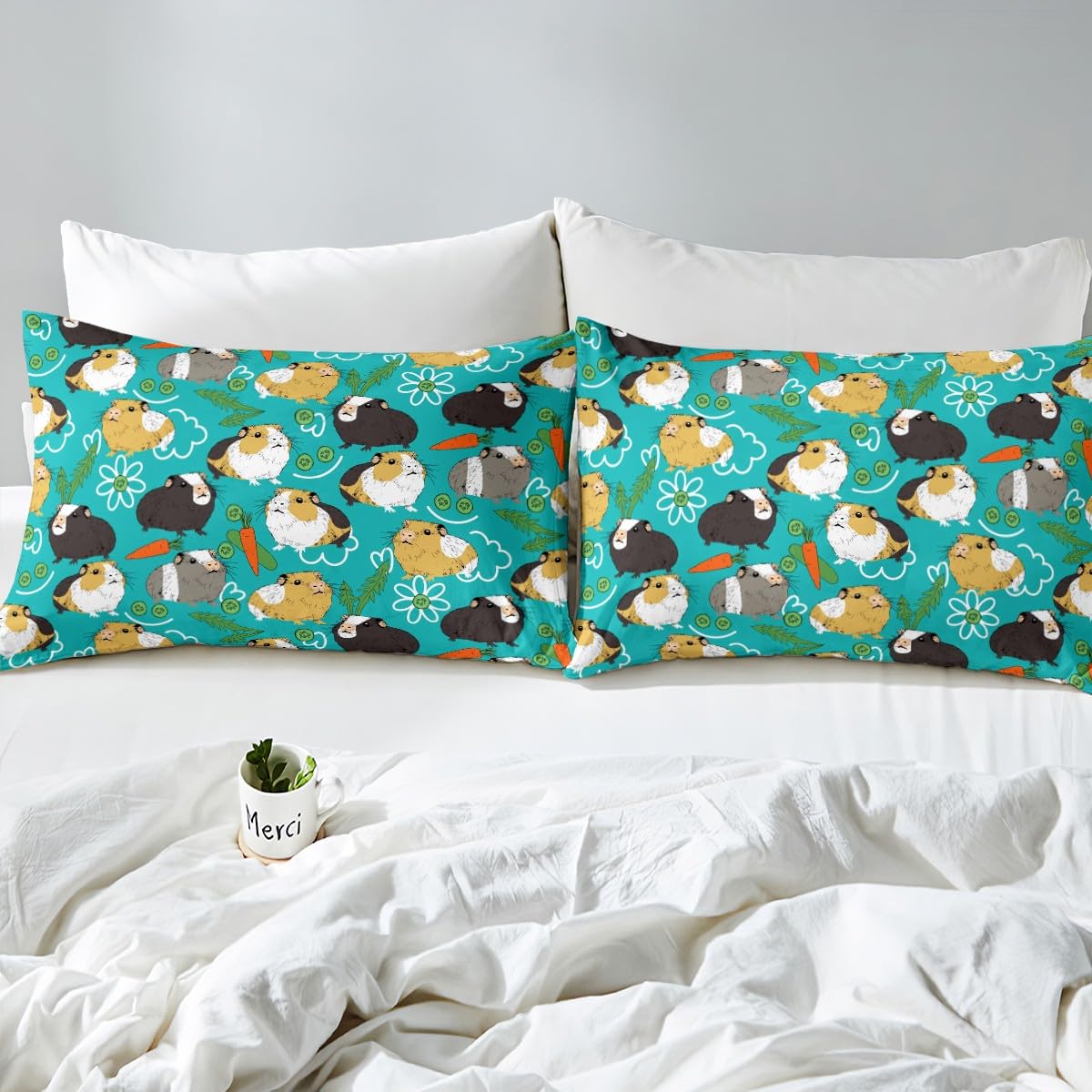 Feelyou Cartoon Hamster Bedding Set for Girls Boys Cute Guinea Pig Children Bed Sheet Set Decorative Pet Animal Theme Fitted Sheet Carrot Vegetable Bed Cover 2Pcs with 1 Pillowcase Twin Size