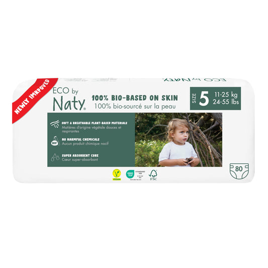 Eco by Naty Eco-Friendly Baby Nappies - 100% Plant-Based Materials on Skin, Soft, for Sensitive Skin & Super Absorbent (Size 5, 80 Count)