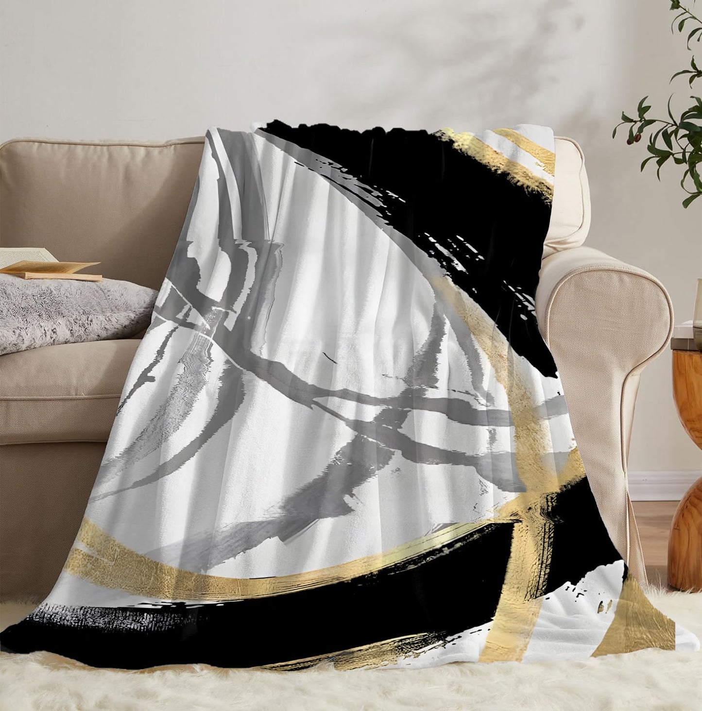SPBL&L Black White and Gold Throw Blanket, Minimalist Modern Ink Line Throw Blanket for Bed Couch Bedroom Living Room, Modern Room Home Decor