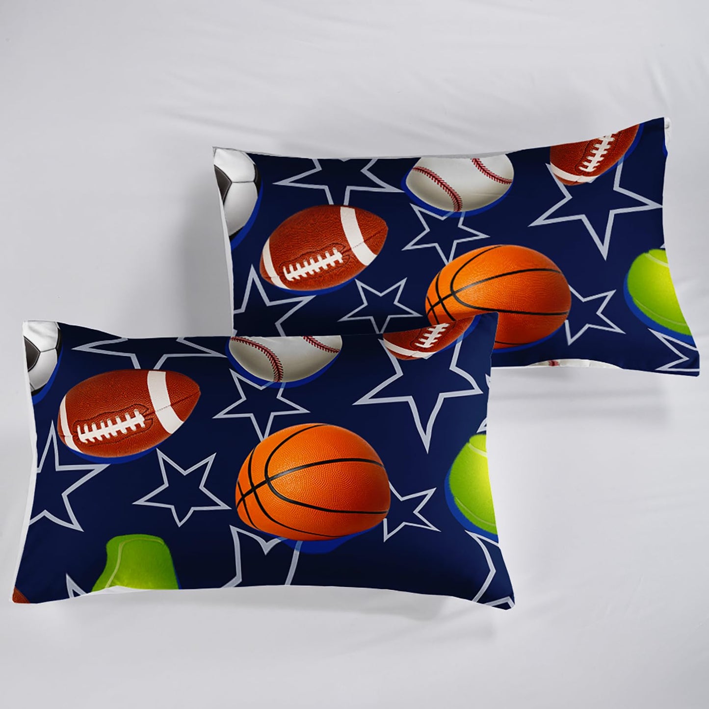 QOOMO Ball Print Kids Sheet Set Full Size,Soccer Basketball Bedding Set Lightweight for All Seasons,Blue Sets for Boy Room Decoration,1 Fitted Sheet,1 Flat Sheet,2 Pillow Cases