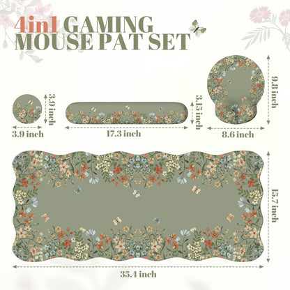 iCasso Desk Mat Set,Large Mouse Pad with Wrist Rest,Ergonomic Keyboard Wrist Support for Women,Girly Floral Computer Mat with Scalloped Edges,Non-Slip Desk Pad Home Office Gaming (Green)