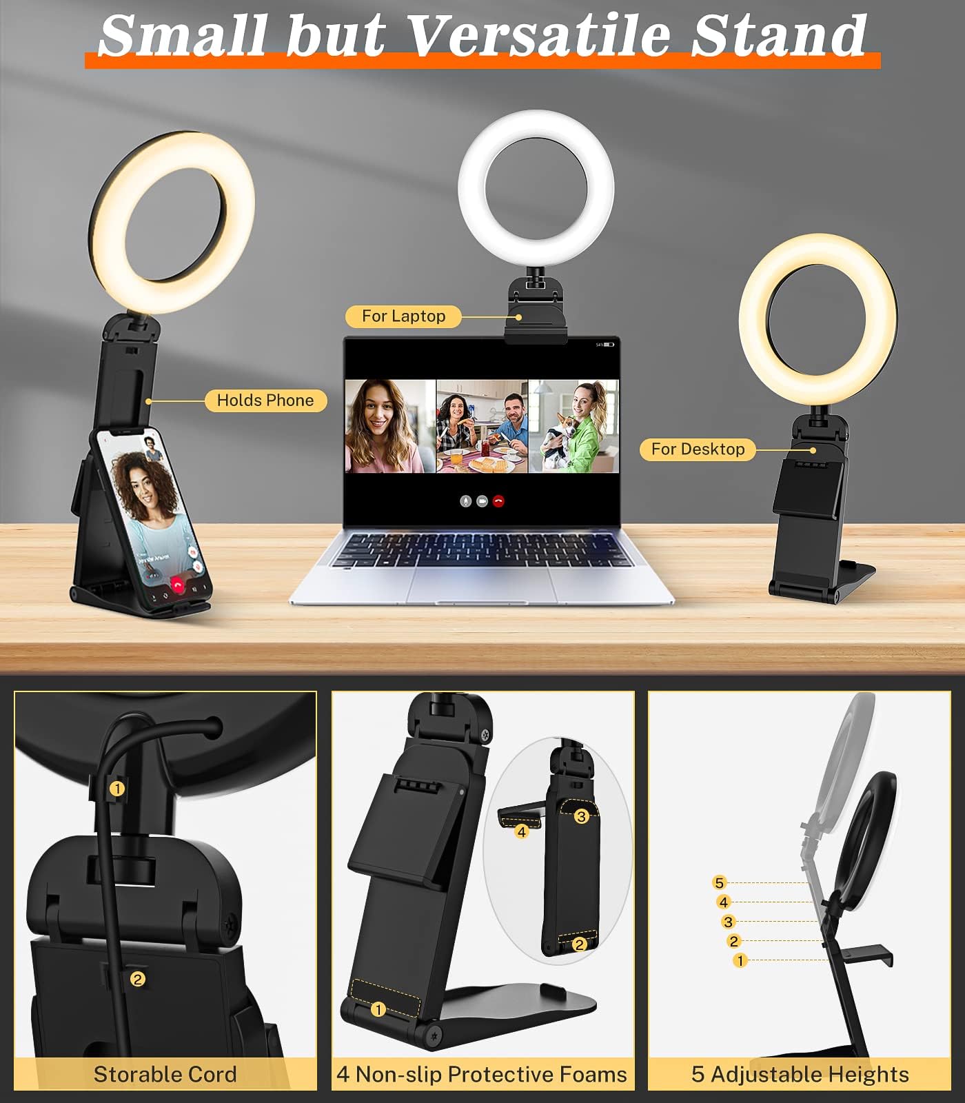 GerTong 5'' Laptop Selfie Ring Light with Stand, Mini Desk LED Phone Ring Light with Dimmable 5 Modes 10 Brightness Level for Makeup Streaming Webcam, All in one Stand Compatible with Smartphone
