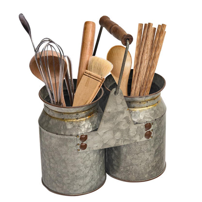 UPPER DECOR Set of 2 Rustic Galvanized Utensil Holders with Handles, Farmhouse Kitchen Crocks for Spoons, Forks & Knives, Countertop Organizer Buckets for Rustic Farmhouse Decor, 8"x4"x6.75"