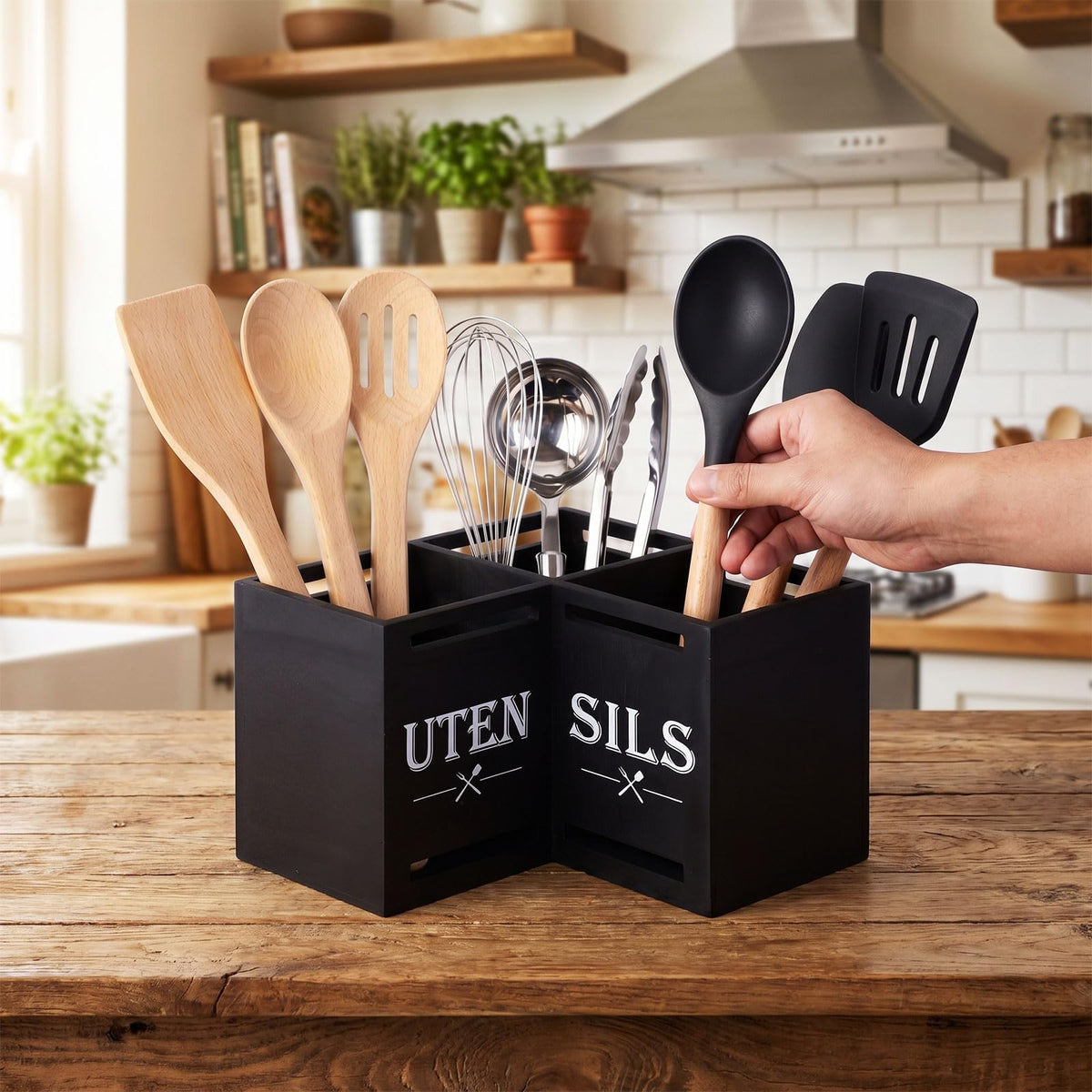 RattanView Large Kitchen Utensil Holder with 3 Compartments, Utensil Holder for Counter, Rustic Black Kitchen Decor Tools Gift Wooden Countertop Cutlery Caddy Spoon