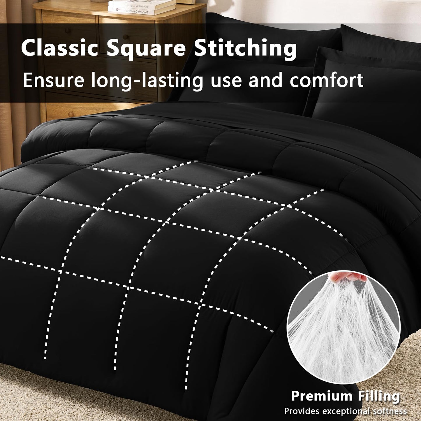 CozyLux Queen Comforter Set Black - 7 Pieces Bed in a Bag Queen, Oeko-Tex Certified Bedding Set, All Season Soft Bed Set with Down Alternative Comforter, Sheets, Pillowcases & Shams