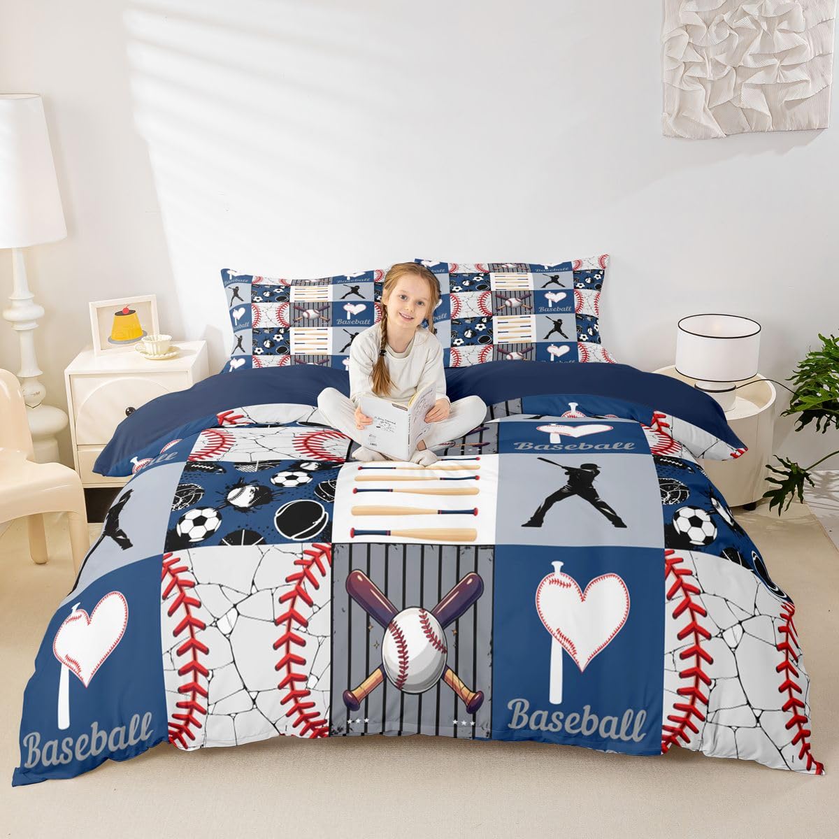 Erosebridal Baseball Bedding Set - Boys Teens Men Comforter Cover Sports Theme Duvet Cover Patchwork Pattern Bedspread Modern Sports Bedding, Full Size