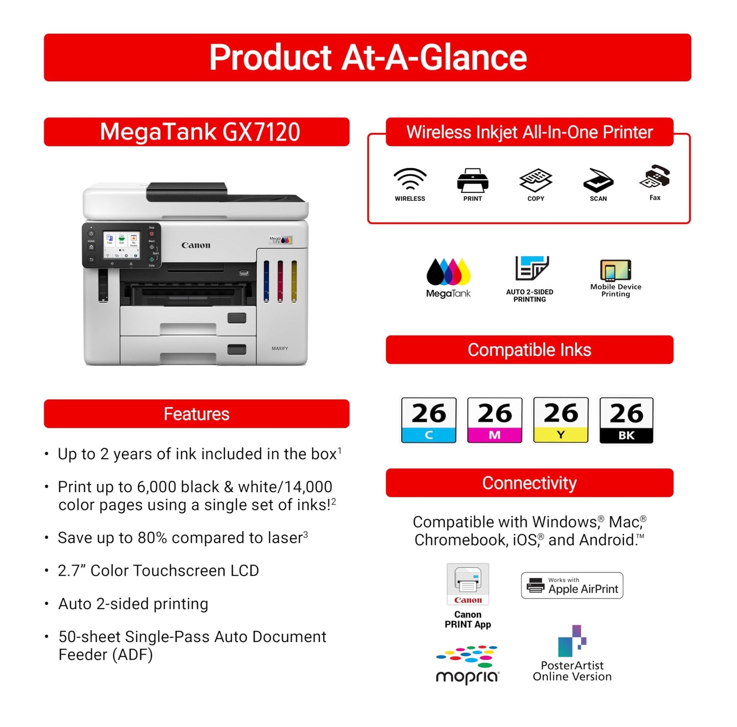 Canon Megatank GX7120 Wireless All-in-One Printer, Print, Copy, Scan and Fax with 2.7" LCD Touch Screen and Auto Document Feeder, White