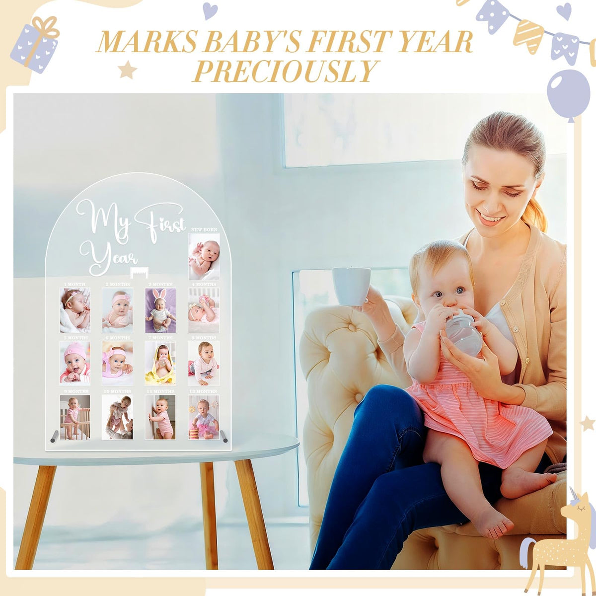 Lineshading My First Year Photo Frame Acrylic 18 x 12 Inch Large 12 Monthly Milestone Photo Board Picture Frame Display Hanging/Standing Baby Memories Collage Gift for 1st Birthday Newborn Keepsake