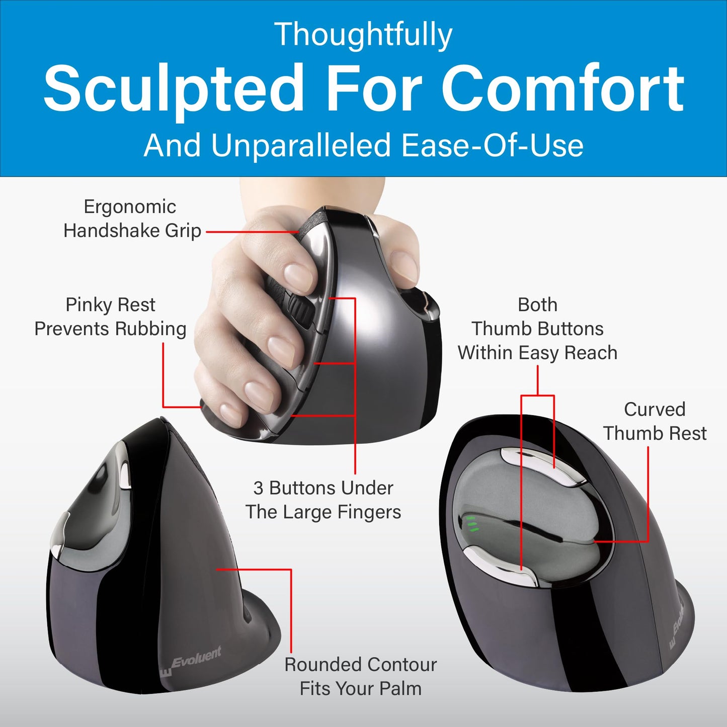 Evoluent – Inventor of The Vertical Mouse – VMDMW Ergonomic Vertical Mouse Right Hand Med USB Wireless, Sculpted for Comfort, Reduces Wrist Strain, 4 Speeds, 6 Customizable Buttons in Windows