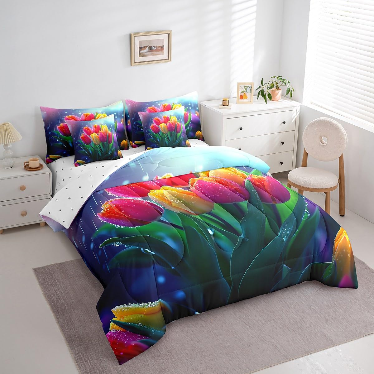 Erosebridal Tulips Bedding Set Spring Summer Flowers Twin Comforter Set 7 Piece for Kids Girls Teen Women,Rainy Floral Pink Yellow Tulips Bed in A Bag Pastel Plants Sheet Set with Comforter