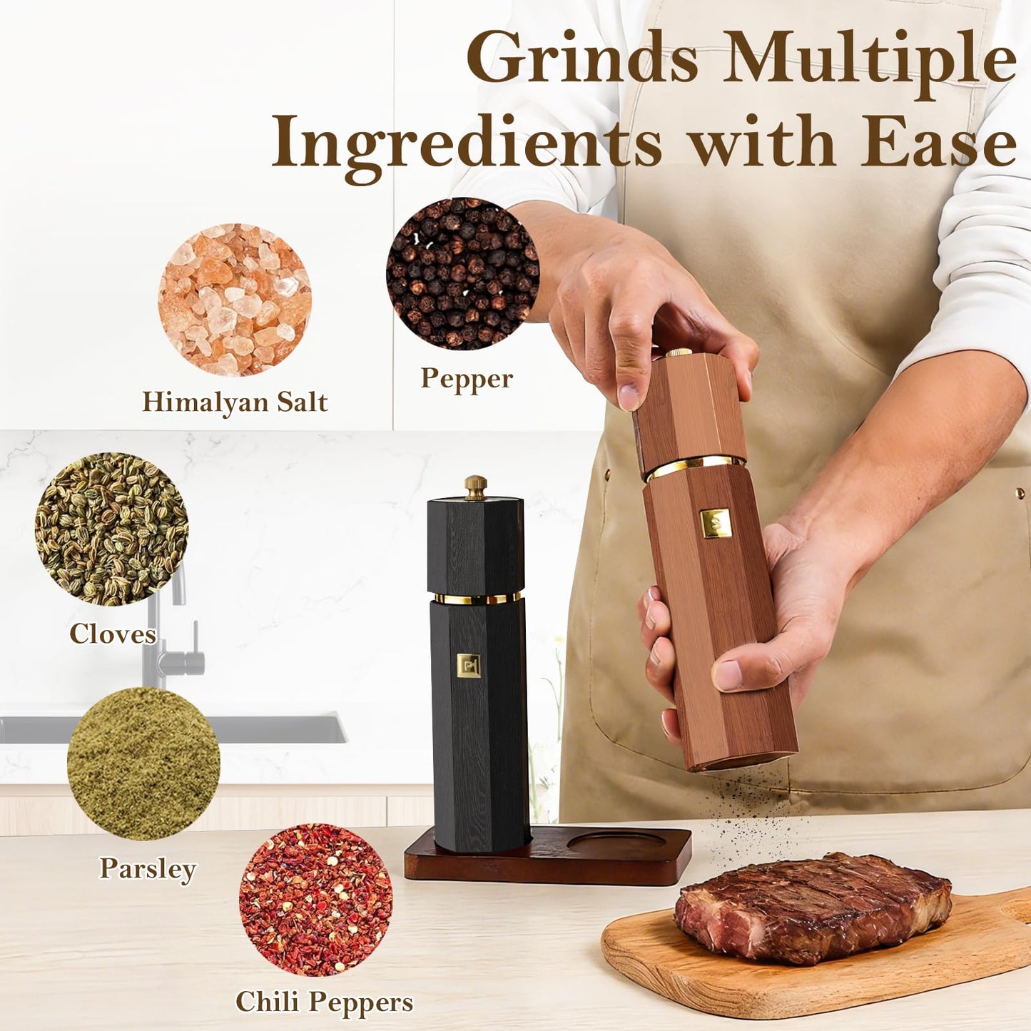 Fewuto Solid Wooden Salt and Pepper Grinder Set - Adjustable Ceramic Grinder Refillable Manual Mill Natural Wood Finish, 8 Inch Kitchen Dining Table Essential Birthday Gift 2 Pack