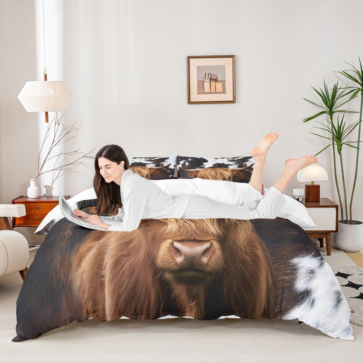 Highland Cattle Duvet Cover Set Queen,Cow Fur Bedding Set 3pcs for Kids Teens Boys Girls Room Decor, Farmhouse Animals Cowhide Comforter Cover Black White Brown Rustic Quilt Cover with 2 Pillowcases