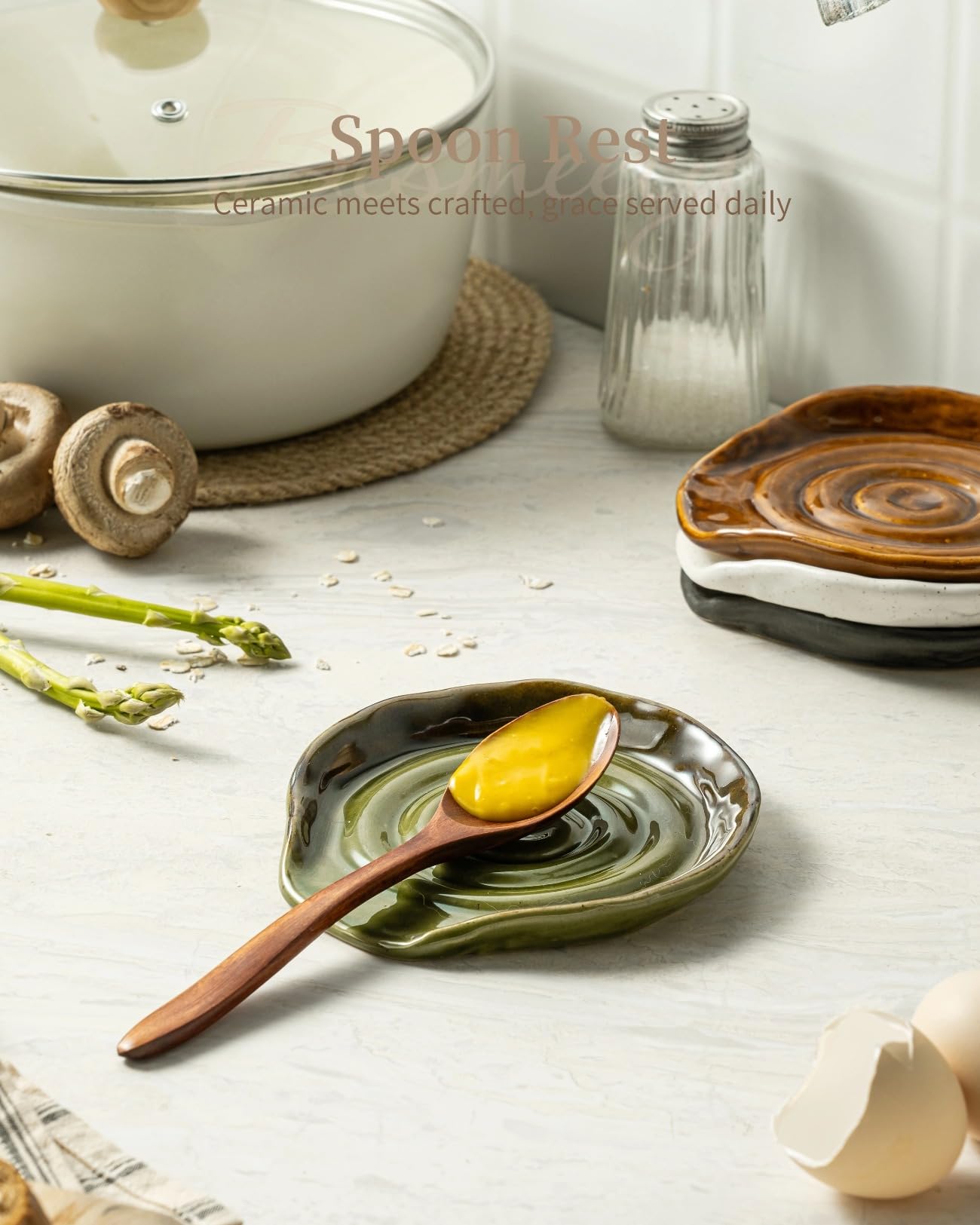 Besmeety Ceramic Spoon Rest for Stove Top, Spoon Holder for Kitchen Counter, Spatula Rest, Farmhouse Utensil Holder (Kiln Green)