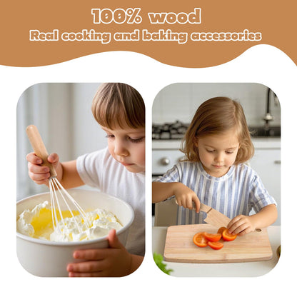 IHFAIO Kids Knife Set for Real Cooking, 8 PCs Kids Cooking Sets for Little Chef, Nature Wood Utensil
