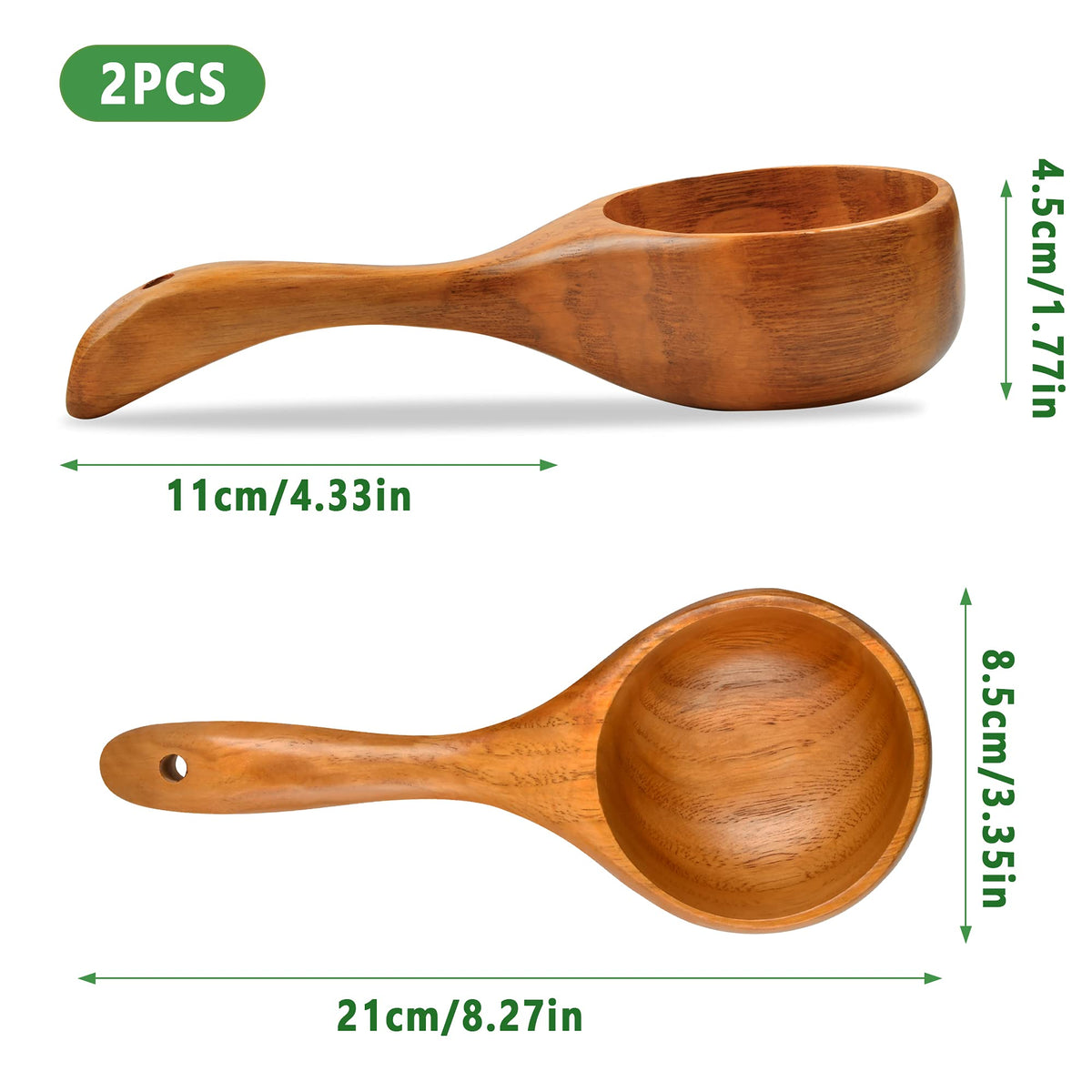 Aemygo 2 Pack Wooden Scoop Ladle for Kitchen, 8.5 Inch Large Solid Wood Kitchen Rice Scoop Multipurpose Bath Salt Scoop for Serving Flour, Beans, Water, Canister