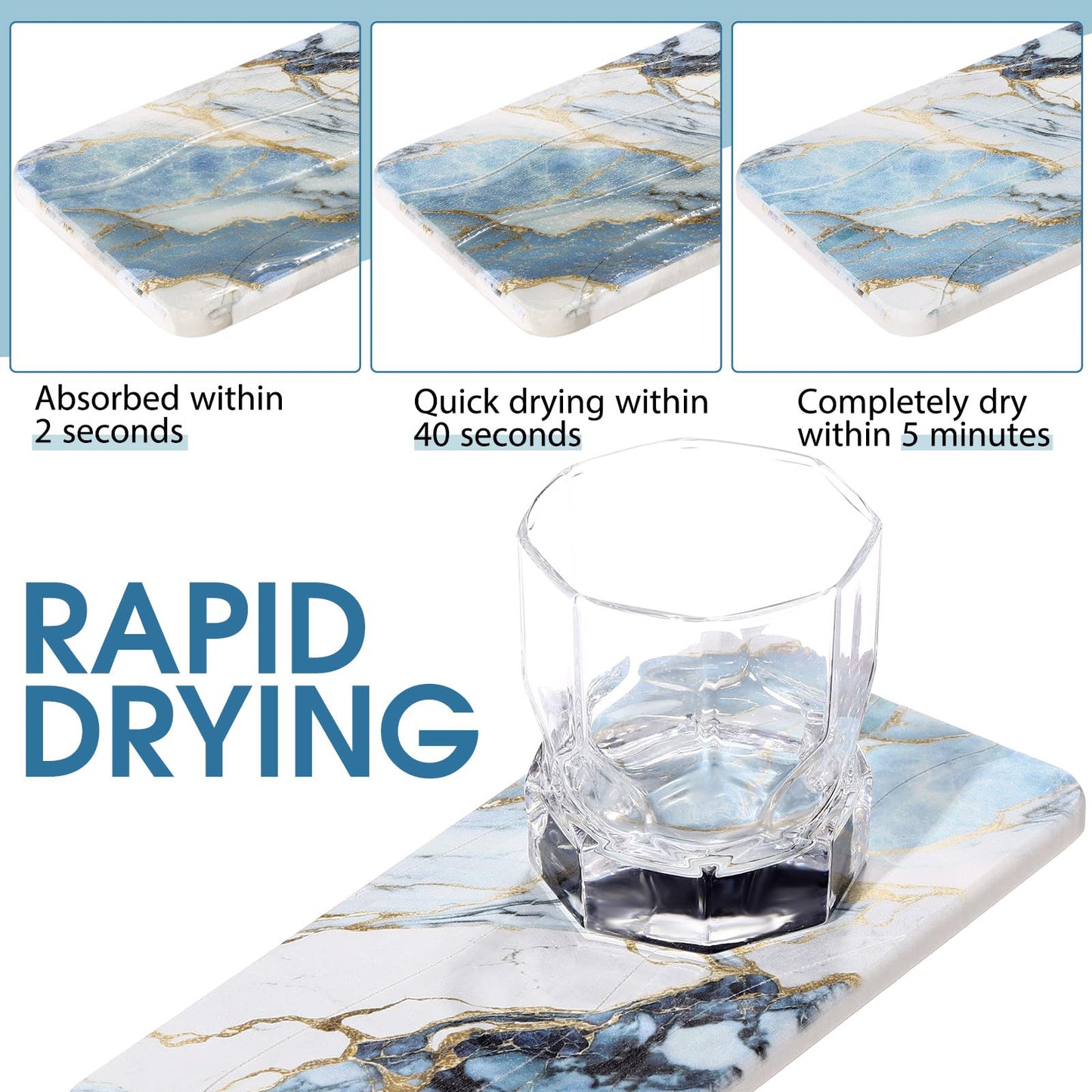 Photect 2Pcs Water Absorbent Diatomite Coasters 8.6x4'' Diatomaceous Earth Drying Ma, Grooved Design Water Absorbing Stone for Home Bathroom Decoration Home Warming Gift(Blue,Marble Style)