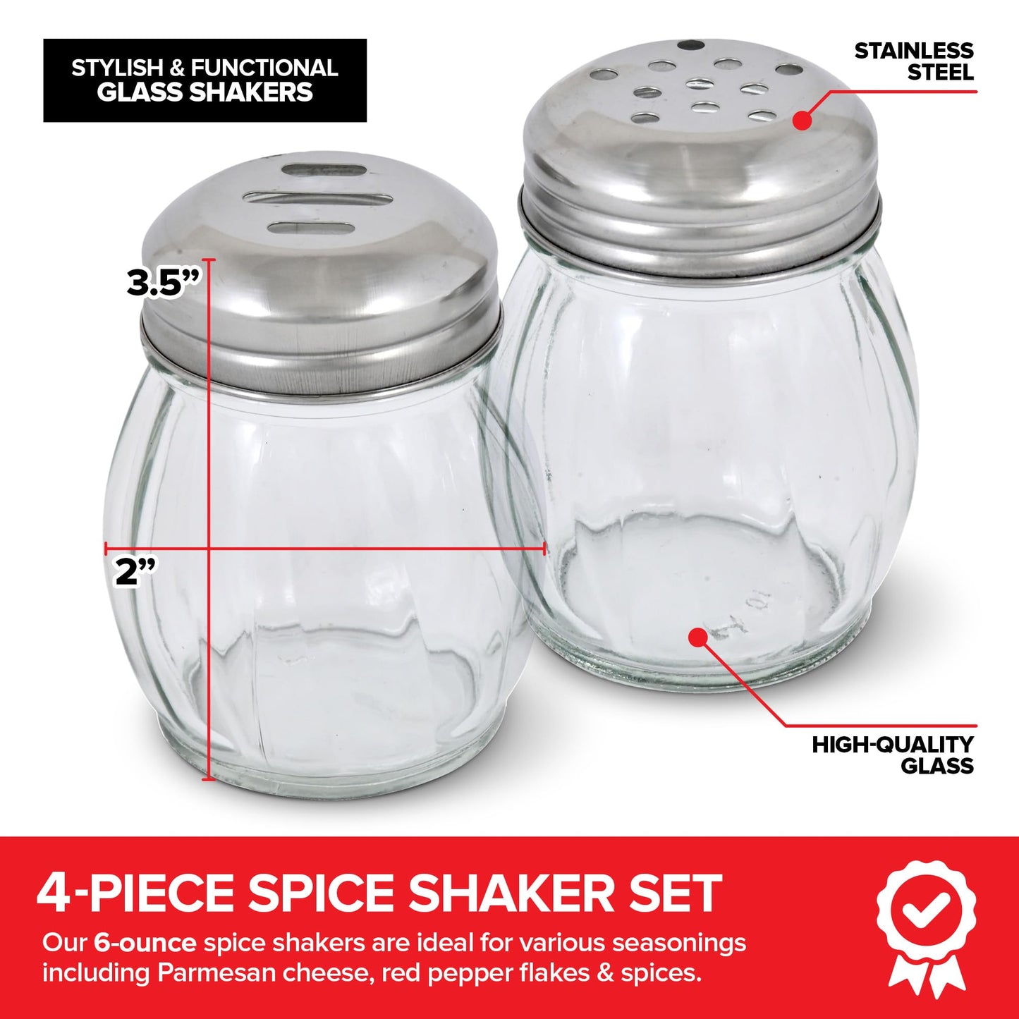 6oz Glass Spice Shaker & Cheese Dispenser Set of 4-6 Ounce with Slotted and Perforated Stainless Steel Tops - Clear Glass Grated Parmesan Cheese Shaker, Red Pepper Shaker, Shakers for Seasonings