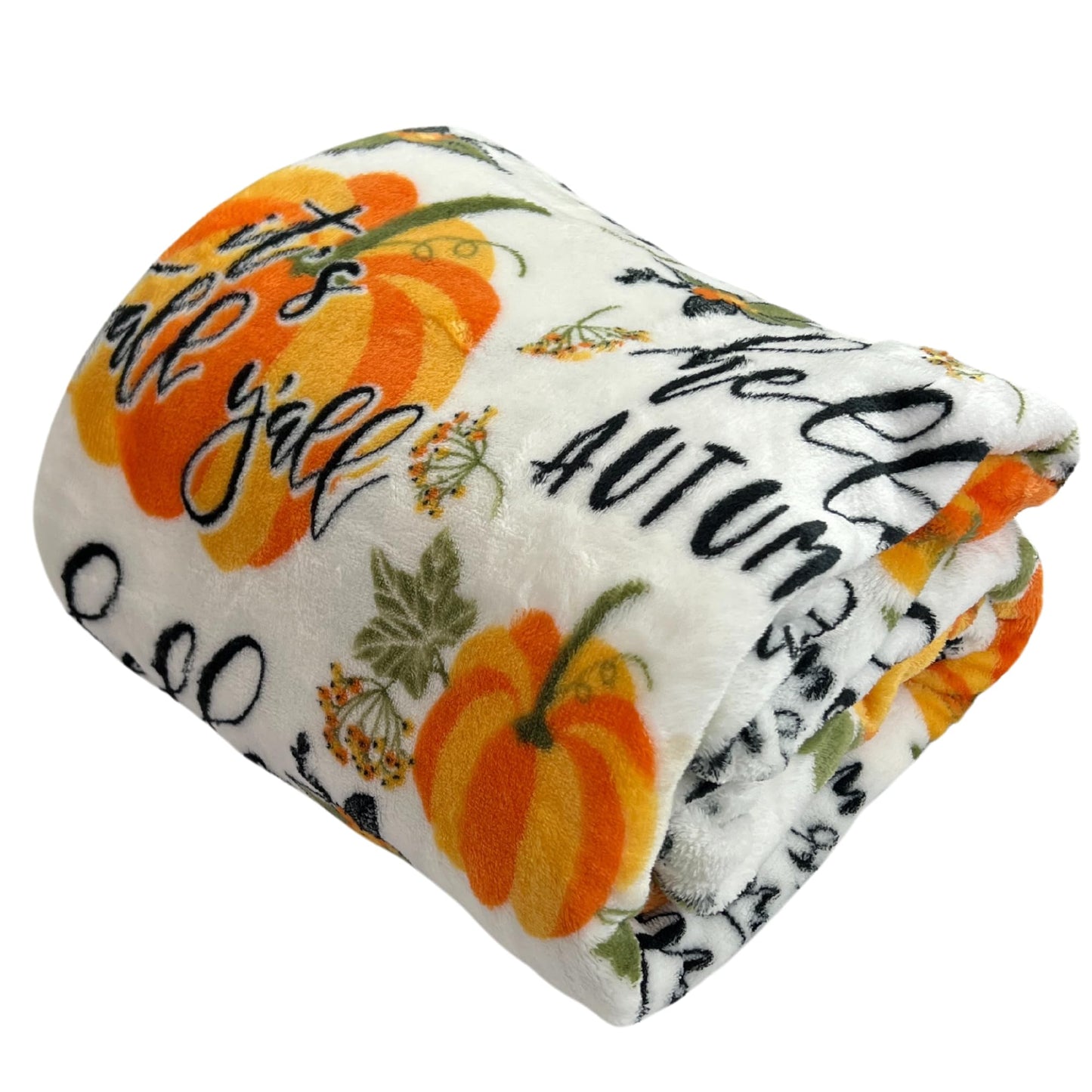 Fall Throw Blanket: Colorful Autumn Harvest Time Saying and Pumpkin Print on Soft White Velvet Fleece for Sofa Bed Couch Chair or Dorm