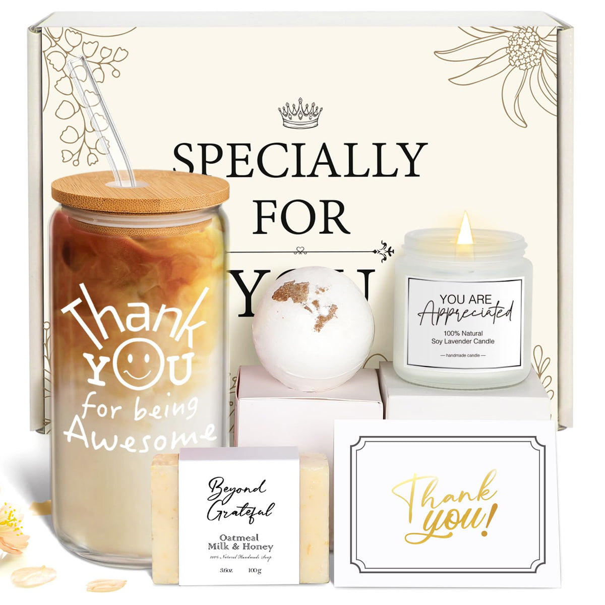 Thank You Gifts for Women, Administrative Professional Day Gifts for Women, Employee Teacher Appreciation Gift Set for Coworker Boss Secretary, Thank You Box with Being Awesome Glass Candle Card