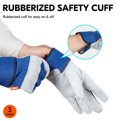 Vgo... 3Pairs Gardening Gloves Cowhide, Work Gloves Thornproof Utility for Yard Trucker Delivery Garden with Strong Grip
