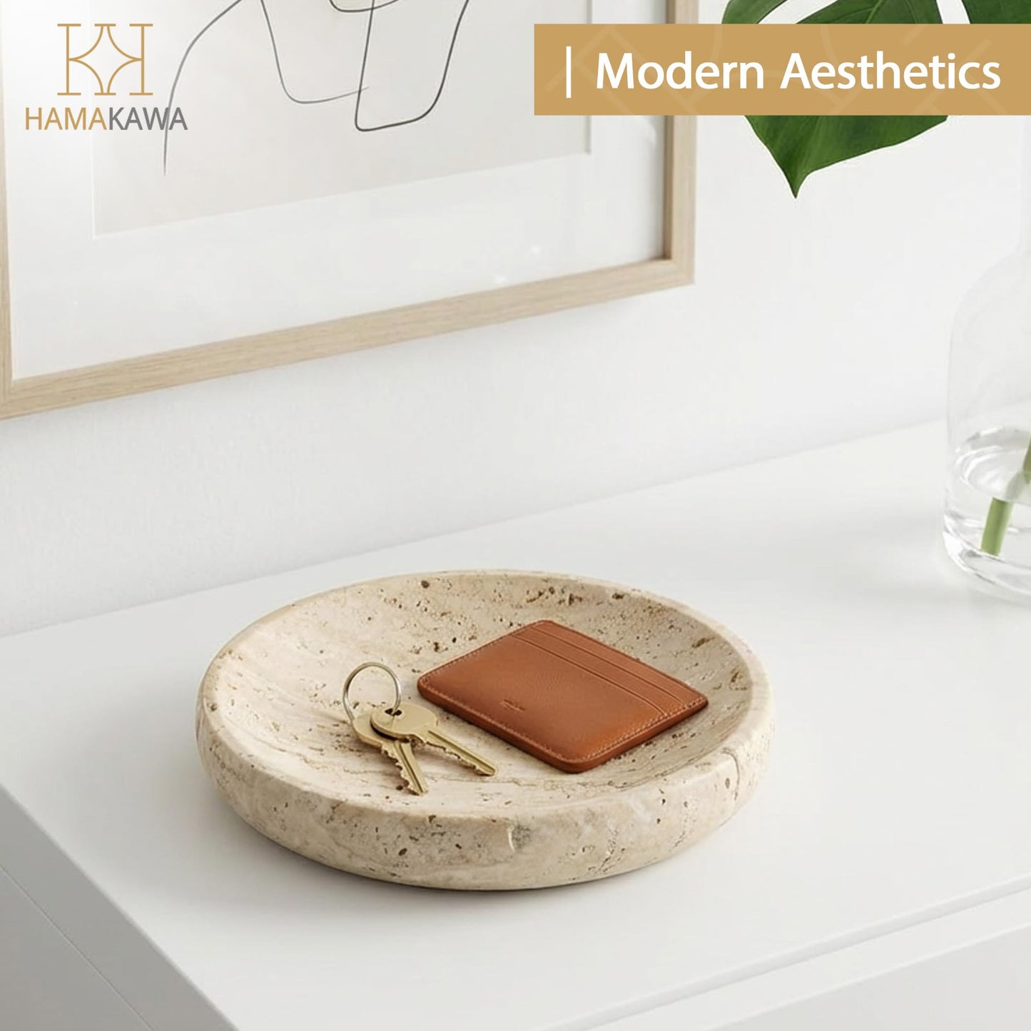 HAMAKAWA Turkish Natural Marble Jewelry Dish, Round Ring Dish 5.5 inch, Beige Trinket Tray, Travertine Bathroom Soap Holder, Decorative Stone Dish for Earrings, Ideal Gift for Women