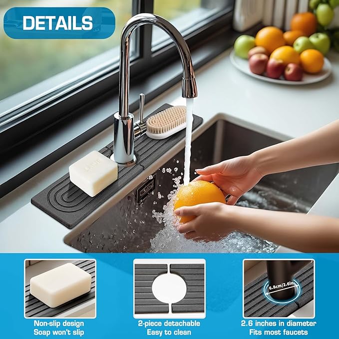 Faucet Mat for Kitchen Sink, Diatomite Quick Drying Tray, Long 23.6'' Kitchen