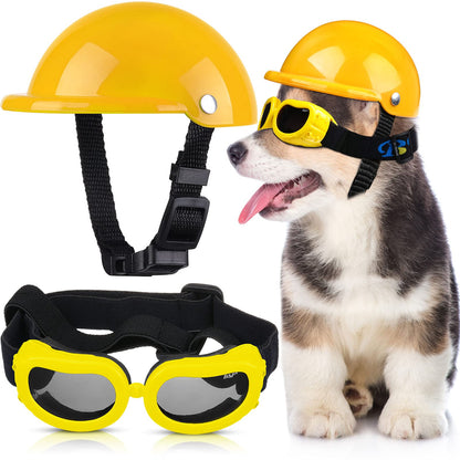 Dog Helmet and Goggles Set - 4 Inch Padded Motorcycle Helmet, Sunglasses Safety Cap, Hard Hat With Adjustable Belt for Small Pets Riding, S Size (Yellow)