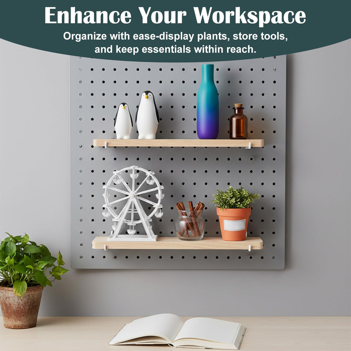 2 Pack Pegboard Shelves, Solid Wood Wall Shelf with Hooks, Solid Wood Pegboard Shelf, High Balance and No tilt, Wooden Pegboard Shelves for Metal Pegboard, Organizer Accessories for Home & Office