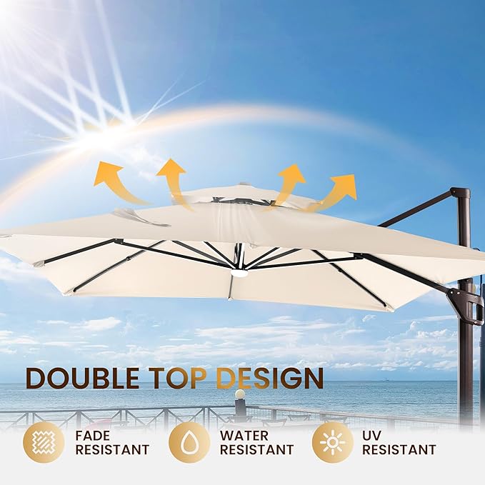 10 X 13 FT Cantilever Patio Umbrella with Led Lights and Base Included Outdoor Heavy Duty Double Top Rectangle Offset Umbrellas with 360-degree Rotation for Pool Deck Backyard, Beige