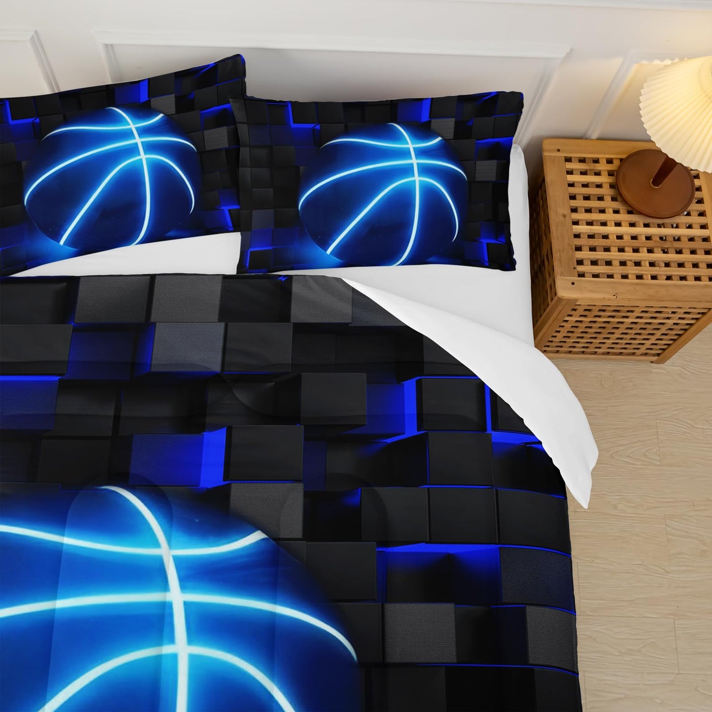 lneffble 3Pcs Football Comforter Set Twin Size for Teen Boys Girls,Soccer Quilt Set,Blue Black Honeycomb Comforter Set, 3D Geometric Grid Theme Ball Sport Bedding Set